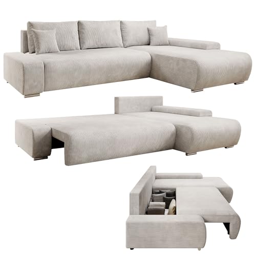 Juskys Sofa Iseo Rechts mit Schlaffunktion - Stoff Couch L Form für Wohnzimmer, bequem, ausziehbar - Schlafsofa Ecksofa Eckcouch Schlafcouch Beige von Juskys