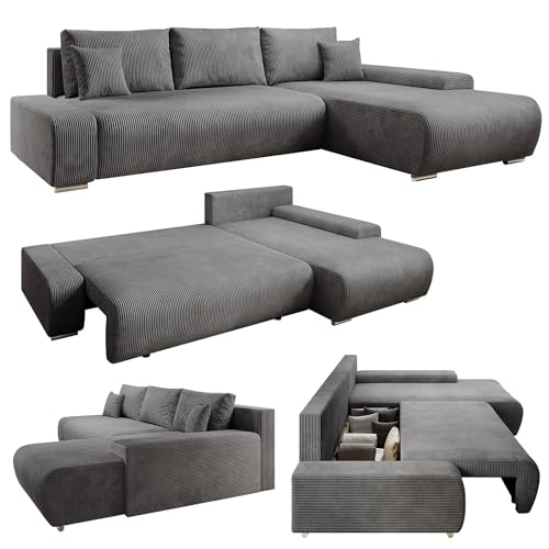 Juskys Sofa Iseo Rechts mit Schlaffunktion - Stoff Couch L Form für Wohnzimmer, bequem, ausziehbar - Schlafsofa Ecksofa Eckcouch Schlafcouch Dunkelgrau von Juskys