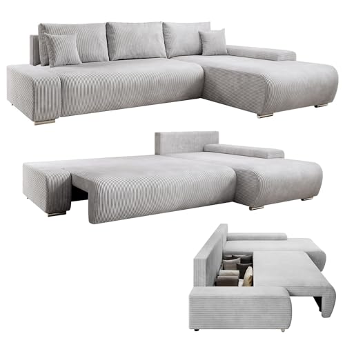 Juskys Sofa Iseo Rechts mit Schlaffunktion - Stoff Couch L Form für Wohnzimmer, bequem, ausziehbar - Schlafsofa Ecksofa Eckcouch Schlafcouch Hellgrau von Juskys