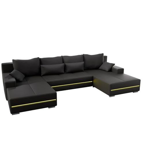 Juskys Sofa Malbun mit Schlaffunktion - Wohnlandschaft mit Bettkasten & LED - Stoff Bezug Schlafsofa Wohnzimmer U Form Couch Beleuchtung - Dunkelgrau von Juskys