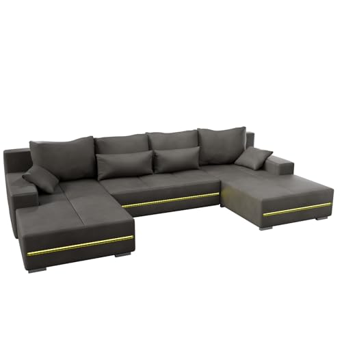 Juskys Sofa Malbun mit Schlaffunktion - Wohnlandschaft mit Bettkasten & LED - Stoff Bezug Schlafsofa Wohnzimmer U Form Couch Beleuchtung - Hellgrau von Juskys