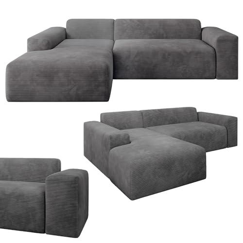 Juskys Sofa Vals Links mit PESO Stoff - L-Form Couch für Wohnzimmer - Ecksofa modern, bequem, klein - Eckcouch Sitzer - Cordsofa Dunkelgrau von Juskys