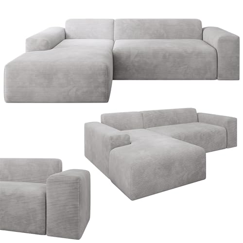 Juskys Sofa Vals Links mit PESO Stoff - L-Form Couch für Wohnzimmer - Ecksofa modern, bequem, klein - Eckcouch Sitzer - Cordsofa Hellgrau von Juskys