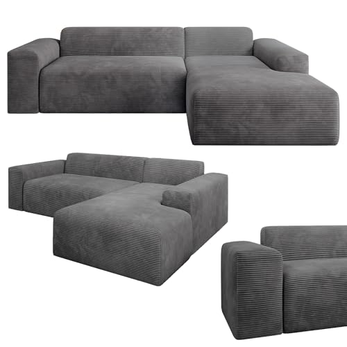 Juskys Sofa Vals Rechts mit PESO Stoff - L-Form Couch für Wohnzimmer - Ecksofa modern, bequem, klein - Eckcouch Sitzer - Cordsofa Dunkelgrau von Juskys