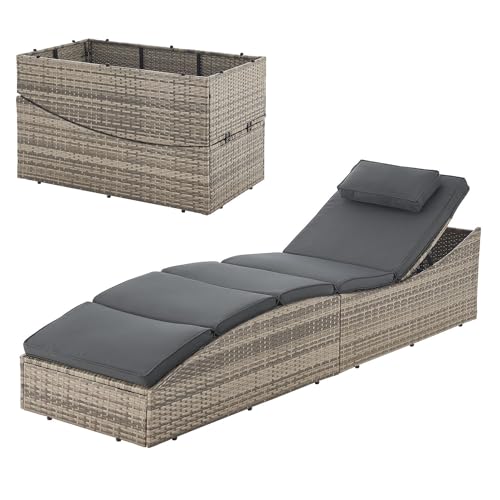 Juskys Sonnenliege Lamia klappbar - Polyrattan Gartenliege mit Auflage, Kopfteil verstellbar, 160 kg belastbar - Garten Balkon Outdoor Liege Grau von Juskys