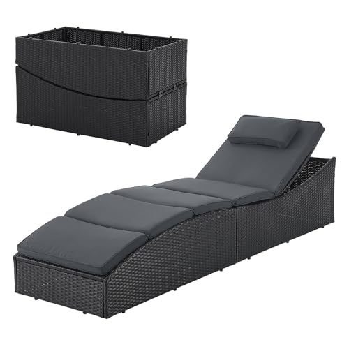 Juskys Sonnenliege Lamia klappbar - Polyrattan Gartenliege mit Auflage, Kopfteil verstellbar, 160 kg belastbar - Garten Balkon Outdoor Liege Schwarz von Juskys