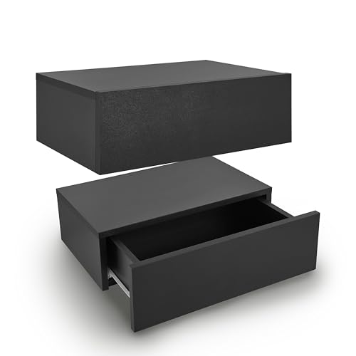 Juskys Wandregal Nachttisch hängend 2er Set Holz 46x30x15 cm BTH - 1 Schublade & Ablage pro Nachtkommode - Wandmontage - Nachtschrank Schwarz von Juskys