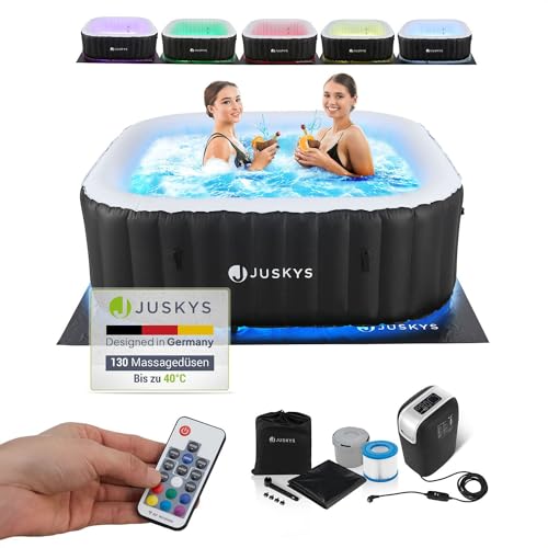 Juskys Whirlpool Palmira für bis zu 6 Personen - Outdoor Indoor Pool aufblasbar & mit LED - 2 m Aussenwhirlpool - Spa Hot Tub eckig - Schwarz von Juskys