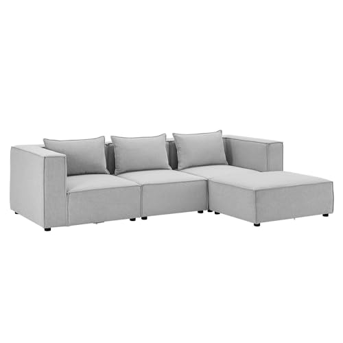 Juskys modulares Sofa Domas L - Couch für Wohnzimmer - 3 Sitzer - Ottomane, Armlehnen & Kissen - Ecksofa Eckcouch Ecke - Garnitur Stoff Hellgrau von Juskys