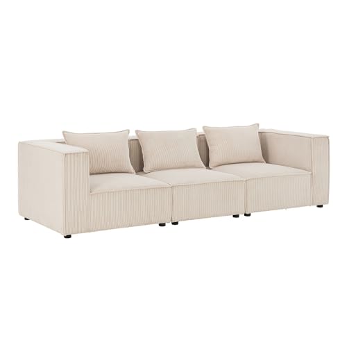 Juskys modulares Sofa Domas M - Couch für Wohnzimmer - 3 Sitzer mit Armlehnen & Kissen - 130 kg belastbar pro Sitz - Möbel Garnitur Cord Beige von Juskys