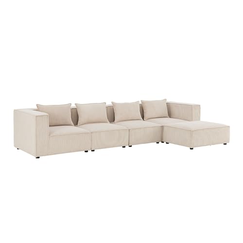 Juskys modulares Sofa Domas XL - Couch für Wohnzimmer - 4 Sitzer - Ottomane, Armlehnen & Kissen - Ecksofa Eckcouch Ecke - Wohnlandschaft Cord Beige von Juskys