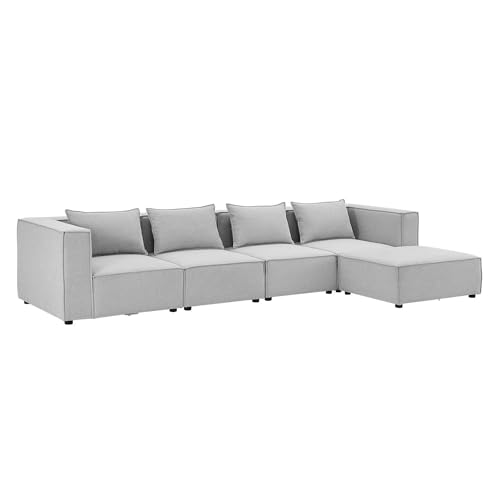 Juskys modulares Sofa Domas XL - Couch für Wohnzimmer - 4 Sitzer - Ottomane, Armlehnen & Kissen - Ecksofa Eckcouch Ecke - Wohnlandschaft Stoff Hellgrau von Juskys