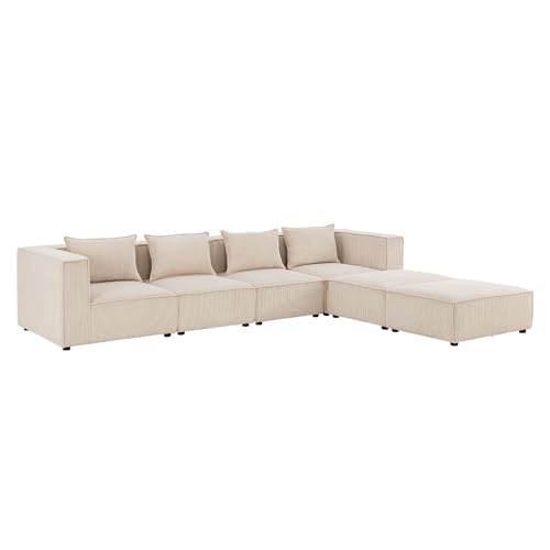 Juskys modulares Sofa Domas XXL - Couch für Wohnzimmer - 2 Ottomanen, Armlehnen & Kissen - Ecksofa Eckcouch Ecke - Wohnlandschaft Cord Beige von Juskys