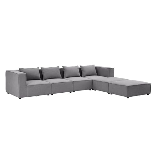 Juskys modulares Sofa Domas XXL - Couch für Wohnzimmer - 2 Ottomanen, Armlehnen & Kissen - Ecksofa Eckcouch Ecke - Wohnlandschaft Stoff Dunkelgrau von Juskys