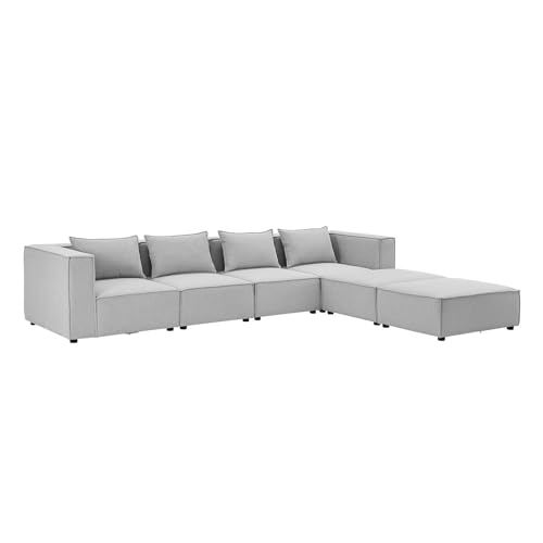 Juskys modulares Sofa Domas XXL - Couch für Wohnzimmer - 2 Ottomanen, Armlehnen & Kissen - Ecksofa Eckcouch Ecke - Wohnlandschaft Stoff Hellgrau von Juskys