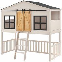 Kinderbett Farmhaus 90 x 200 cm mit Treppe, Dach & Fenster – Hochbett rosa für Kinder – Lattenrost bis 150 kg – Hausbett aus Massivholz - Juskys von Juskys
