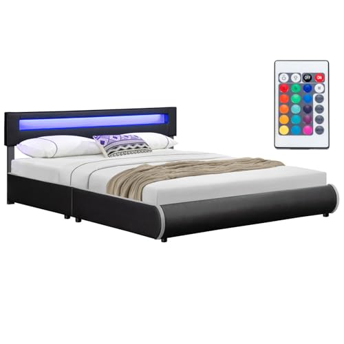 Juskys Polsterbett Sevilla 180x200 cm mit LED Beleuchtung, Lattenrost & Kopfteil - Holz & Kunstleder - 16 Farbeinstellungen & Fernbedienung - Bett Bettgestell Doppelbett - Schwarz von Juskys