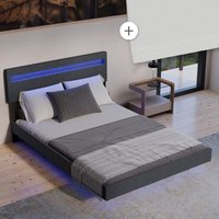 Schwebebett Lissabon - mit Matratze, Schwebendes Design & LED-Beleuchtung, Leinen Optik, Höhenverstellbare Rückenlehne - 140 x 200 cm, dunkelgrau von Juskys