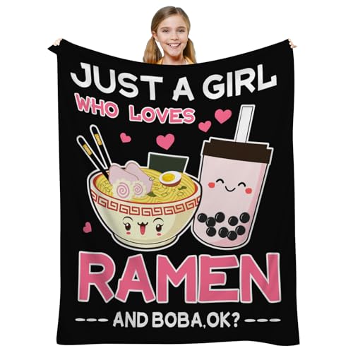 Just A Girl Who Loves Ramen and Boba-Decke, niedliche Anime-Decke, Kawaii-Geschenke für Mädchen, Teenager, Ramen-Nudeln und Boba-Teedecke, lustige Teenager, Kinder, Mädchen, Anime-Raumdekoration, von Just A Girl Who Loves