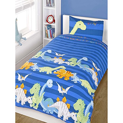 Kinder Bettwäsche aus Baumwollmischgewebe, bedruckt, für Jungen und Mädchen, Baumwollmischung, Dinosaurier - Blau (Gelb / Limonengrün / Grün), Bezug Einzelbett (Kinderzimmer) von Just Contempo