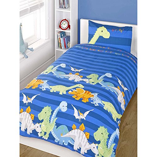 Kinder Bettwäsche aus Baumwollmischgewebe, bedruckt, für Jungen und Mädchen, Baumwollmischung, Dinosaurier - Blau (Gelb / Limonengrün / Grün), Bezug Einzelbett (Kinderzimmer) von Just Contempo