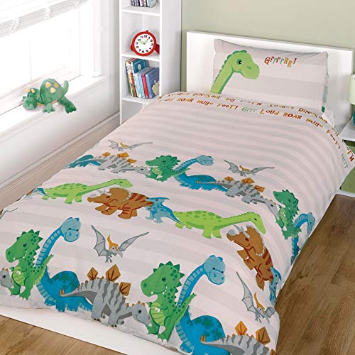 Kinder Bettwäsche aus Baumwollmischgewebe, bedruckt, für Jungen und Mädchen, Baumwollmischung, Dinosaurier - naturfarben (Grün / Grau / Weiß), Bezug Einzelbett (Kinderzimmer) von Just Contempo