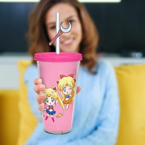 JUST FUNKY Sailor Moon Kristall-Karnevalsbecher mit Strohhalm, Heimdekoration, Karnevalstasse, Anime-Kollektion, mit Sailor Scouts und PVC-Zauberstab, offizielles Lizenzprodukt von Just Funky