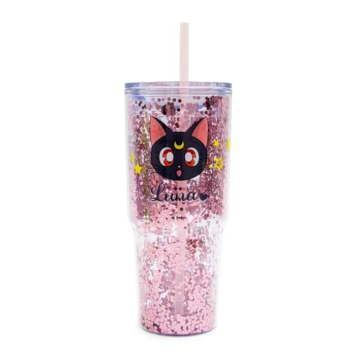 Sailor Moon Luna and Artemis Glitzer-Becher mit Deckel und Strohhalm, Fassungsvermögen: 880 ml von Just Funky