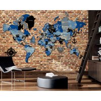 3D Familien-Reisekarte in Blauen Und Grauen Farben, Xxl Weltkarte Aus Holz, Wohnzimmer Dekoration Geschenkidee Zum Jahrestag von JustLikeWood