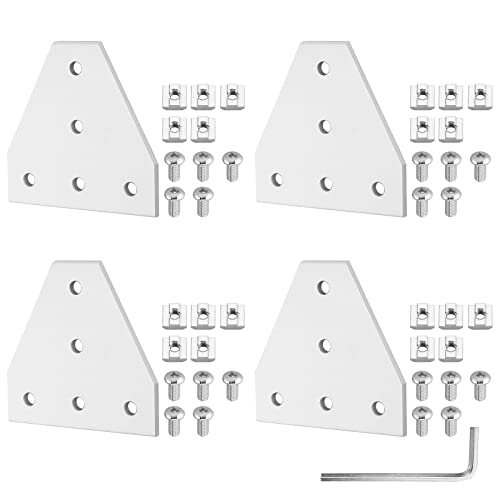 Justech 4x 4040 Eckwinkelplatt T-förmige Eckhalterungs-Verbindungsplatte 40x40 Winkelverbinder mit 20x M6-T-Muttern + 20x M8-Schrauben + 1x Schraubenschlüssel für 3D-Drucker, CNC Fräsern - Silber von Justech