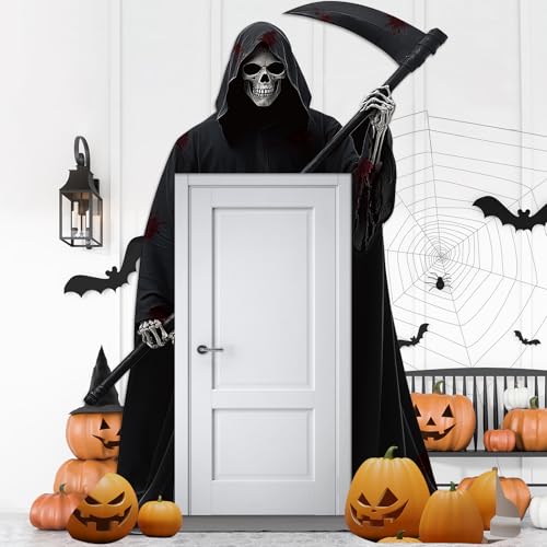 3 Stück Halloween Reaper Blutige Türdekoration Set Große Sensenmann geformte Türbanner Halloween Veranda Banner Blutige Themenparty Hängezubehör für Horror Urlaub Foto Booth Requisiten Spukhaus Dekor von Justforjoyful