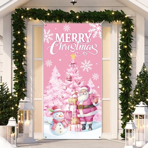 Justforjoyful Rosa Weihnachts-Schneemann-Banner – Weihnachtstür zum Aufhängen an der Tür für Zuhause, Haustür, Urlaub, Geburtstag, Dekoration für drinnen und draußen von Justforjoyful