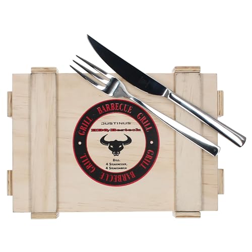 Justinus BBQ Steakbesteck 8tlg Set I für 4 Personen I Steakgabel & scharfe Steakmesser I Grillbesteck aus poliertem 18/10 Edelstahl inkl. Holzkiste I Geschenkverpackung von Justinus
