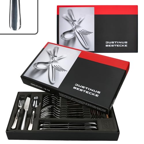 Justinus Style Art 60tlg Komplett-Besteck-Set I für 12 Personen I weiches & abgerundetes Design I aus rostfreiem poliertem 18/10 Edelstahl & Klingenstahl I Gabel, Messer & Löffel von Justinus
