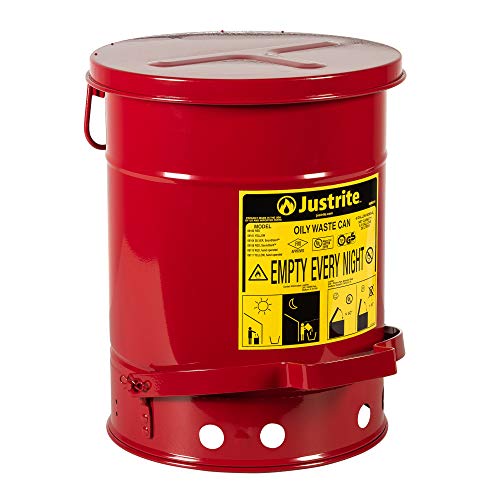 Justrite SoundGuard Steel Oily Waste Bin mit fußbetätigtem Deckel, 20 L, Rot von Justrite