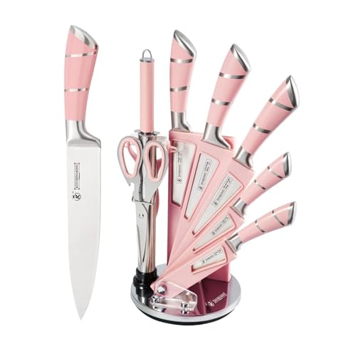 Justup 9-tlg Messerset mit Drehbare Acryl Messerblock, Rosa Sharp Antihaft Beschichtete Kochmesser Block Set,Edelstahl Messer Set für Küche mit Schärfer zum Schneiden Schneiden Würfeln Hacken (Rosa) von Justup