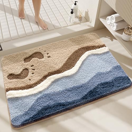 Badezimmerteppich, Plüsch-Badematte im Stranddesign, Weich und Rutschfest, Ultra-Saugfähige Mikrofaser-Shaggy-Fußmatte, Badezimmerteppich für Toilette, Badewanne, Schlafzimmer, 50 x 80 cm (Strand) von Justup