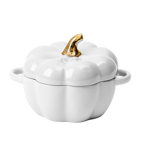 Dutch Oven Topf mit Deckel, Kürbis Keramik Dessert Kochtopf, Mini Backform Niedliche Kürbisschale, Überdachter Dutch Oven Keramik Suppentopf, Kürbisform Kasserolle (Weiß) von Justup