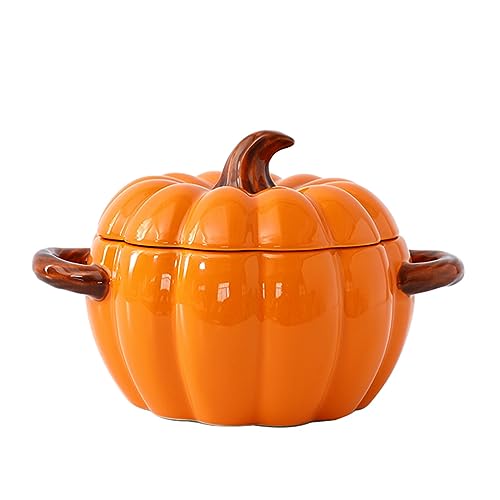 Dutch Oven Topf mit Deckel, Kürbis Keramik Dessert Stielkasserolle, Mini-Backform, niedliche Kürbisschale, abgedeckter Dutch Oven Keramik Suppentopf, Kürbisförmiger Auflauf (Orange) von Justup