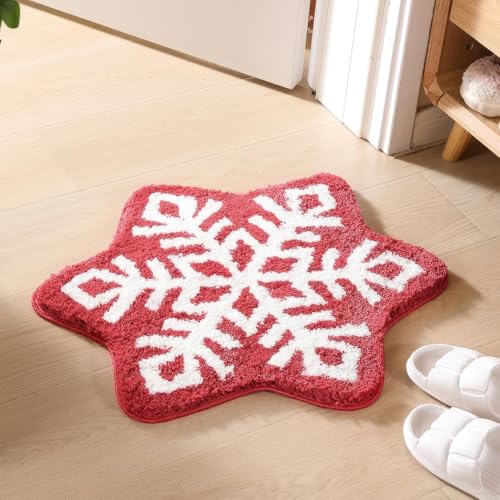 Justup Badezimmer Teppich, rutschfeste Entry Fußmatte, Weiche Hexagon Schneeflocke Badematte, Weihnachten Dekorative Matte, Saugfähige Teppich Maschinenwaschbar 60×60 cm (Rot Weiß) von Justup