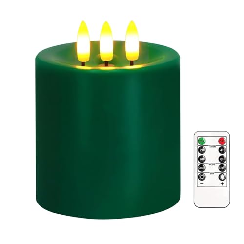Justup Flammenlose LED-Kerzen, Große 3 Docht LED Kerzen mit Fernbedienung & Timer, Echtes Wachs, Batteriebetriebene Säulen Kerzen für den Startseite Partei Weihnachten Dekor (Grün) von Justup