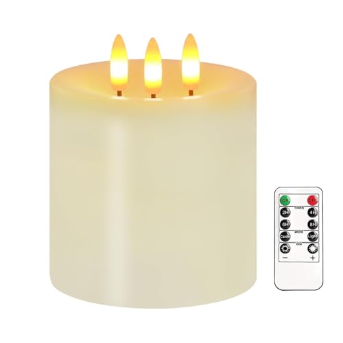 Justup Flammenlose LED-Kerzen, Große 3 Docht LED Kerzen mit Fernbedienung & Timer, Echtes Wachs, Batteriebetriebene Säulen Kerzen für den Startseite Weihnachten Thanksgiving Dekor (Lvory) von Justup