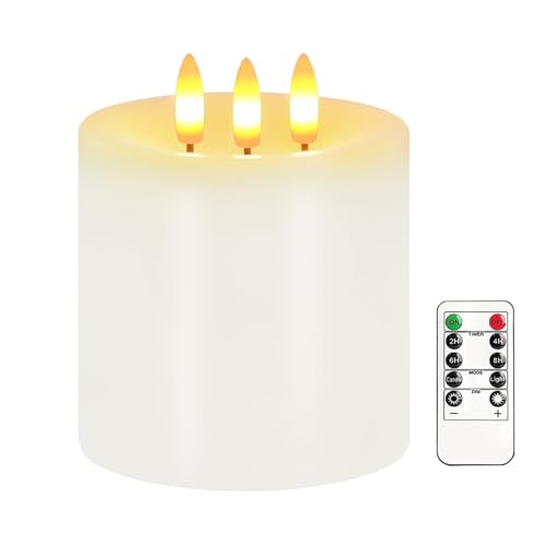 Justup Flammenlose LED-Kerzen, Große 3 Docht LED Kerzen mit Fernbedienung & Timer, Echtes Wachs, Batteriebetriebene Säulen Kerzen für den Winterdekor, Weihnachten, Thanksgiving Dekor (Weiß) von Justup