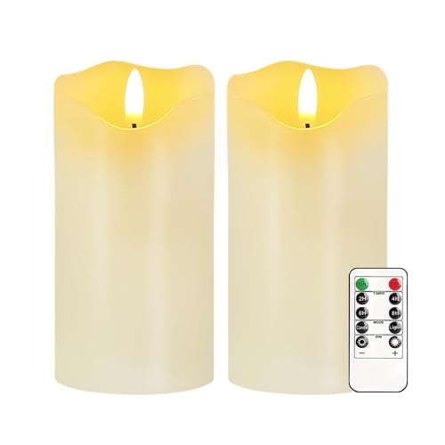 Justup Flammenlose LED-Kerzen, Set von 2 Flackernde LED Kerzen mit Fernbedienung und Timer, Dimmbare Säulen Kerzen Batterie betrieben, Kerzen für Herbst Halloween Thanksgiving Dekor (Weiß) von Justup