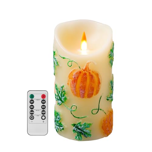 Justup Flammenlose LED-Kerzen,7,5x15cm Kürbis Kerzen mit Fernbedienung & Timer, Batteriebetriebene Elektrische Flackerkerzen für Herbst, Halloween, Thanksgiving und Heimdekoration (Kürbisse) von Justup