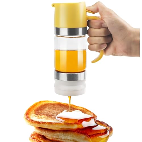 Justup Honigspender Glas, 350ml Sirup Spender mit Griff, Press-Typ Honigspender Tropffrei, Honiggläser für Honig, Sirup, Marmelade (Gelb, 350ml) von Justup