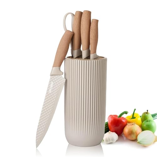 Messer Set, 6-teiliges Khaki Scharfes Messerblock Set für Küche, Antihaft Rutschfestes Edelstahl-Kochmesser-Set mit Universal-Messerblock Geeignet für Home Restaurant Picknick (Khaki) von Justup