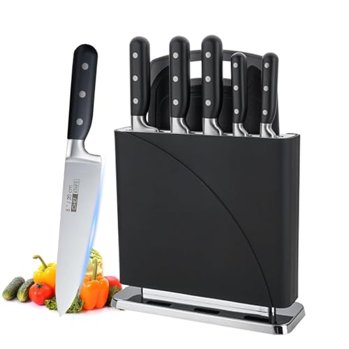Justup Messer Set, 7-teiliges Edelstahl Messer-Set mit Block und Schneidebrett, Profi Kochmesser-Set mit Ergonomischem Griff, Küchenmesserset für Familie, Restaurant, Hotel (Schwarz) von Justup