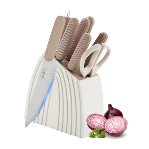 Justup Messer Set, Messerblock mit Messer, 8-teiliges Scharfes Messerblock Set für Küche, Antihaft Rutschfestes Edelstahl-Küchenmesserset mit Block, Professionelles Kochmesser Set (Beige) von Justup