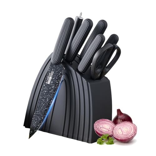Justup Messer Set, Messerblock mit Messer, 8-teiliges Scharfes Messerblock Set für Küche, Antihaft Rutschfestes Edelstahl-Küchenmesserset mit Block, Professionelles Kochmesser Set (Schwarz) von Justup